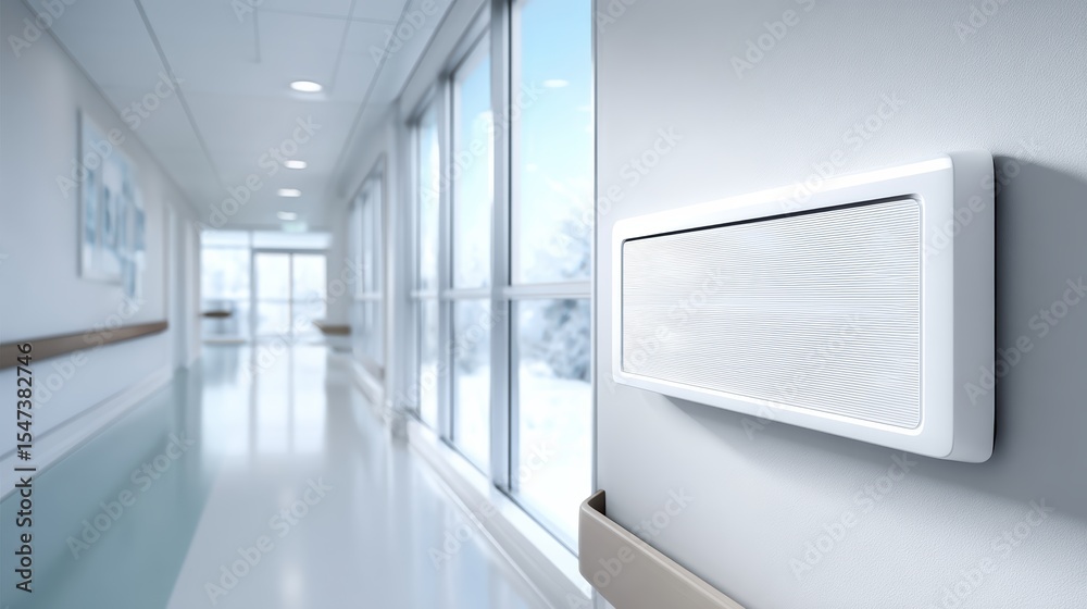 A clean, modern hospital corridor with large windows and a white wall-mounted air purifier or ventilation unit. A clean, modern hospital corridor with large windows and a white wall-mounted air purifier or ventilation unit.