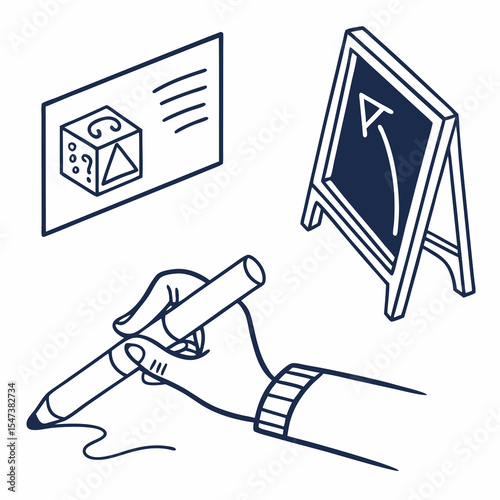 Hand drawing with stylus on paper near design and plan