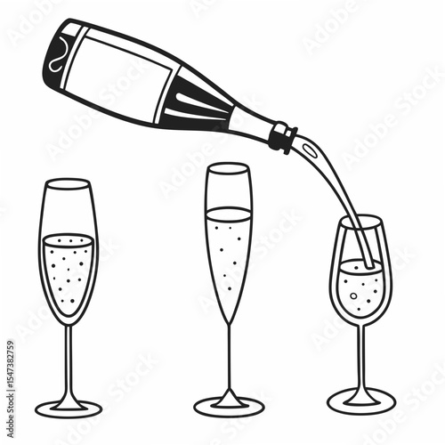 Pouring champagne into elegant glasses, clean cutout, transparent background
