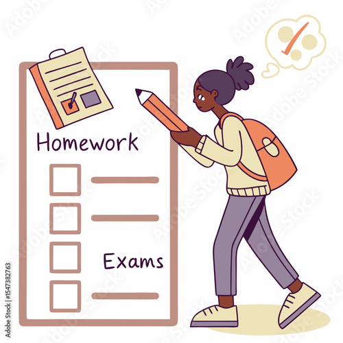 Student girl checking off homework and exams checklist