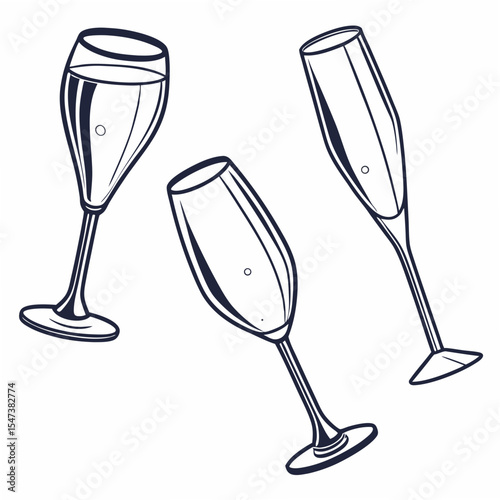 Three professional champagne glasses isolated on white background