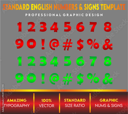 English Numbers and signs template with gradients letters, standard vector letters, english letters for children's book and school, red green letters