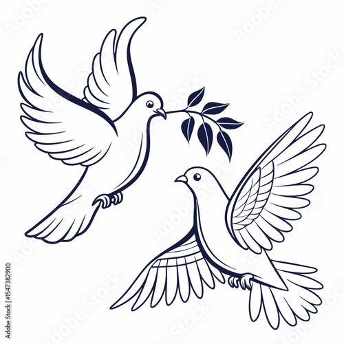 Two doves in flight carrying an olive branch symbol of peace
