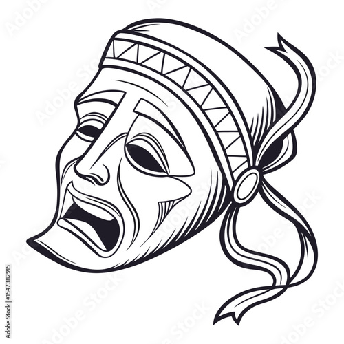 Weeping theatrical mask with tribal headband design element