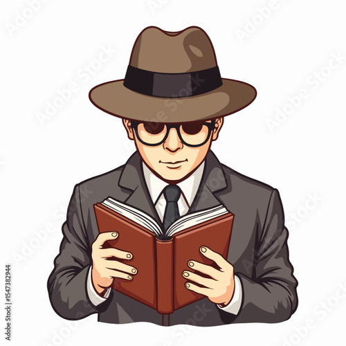 Person reading mystery novel wearing detective hat.  Illustration features man in suit and glasses engrossed in book.  Charming character perfect for Book Lovers Day promotions and announcements.