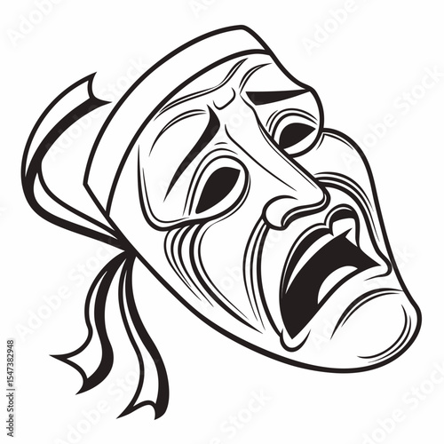 Dramatic weeping theatrical mask line art illustration