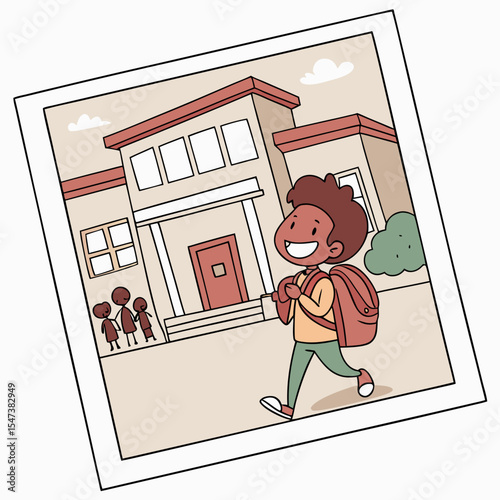 Happy boy walking to school with backpack photo illustration