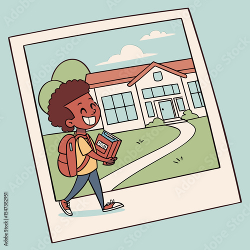 Happy schoolboy walking to school with books and backpack