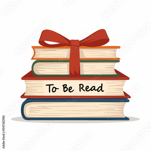 Stack of books tied with red ribbon labeled To Be Read.  Gift of books perfect for bookworms and bibliophiles. Stack of books makes ideal Book Lovers Day present.