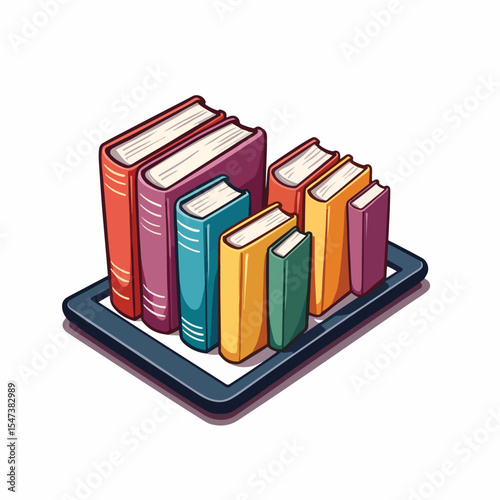 Colorful ebook library on digital tablet screen. Diverse collection of ebooks displayed on modern device.  Ebooks shown on tablet perfect for Book Lovers Day promotions.
