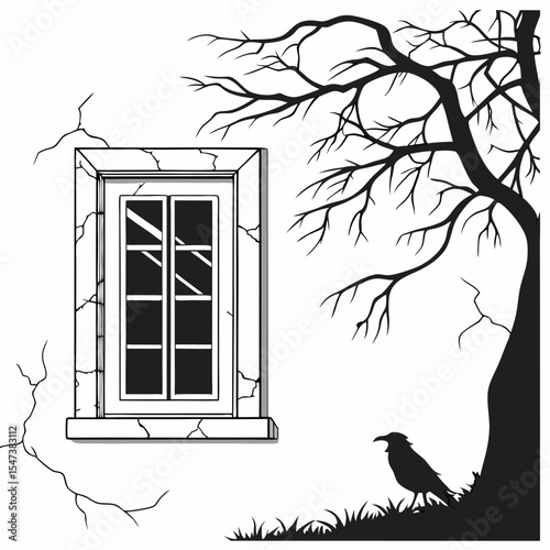 Haunted house window silhouette raven tree