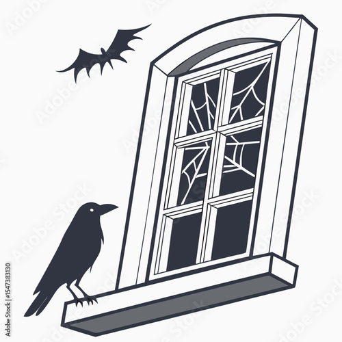 Halloween spooky crow bat window cobwebs haunted house