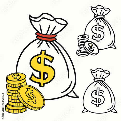 Money bag and coins illustration, clean cutout, transparent background