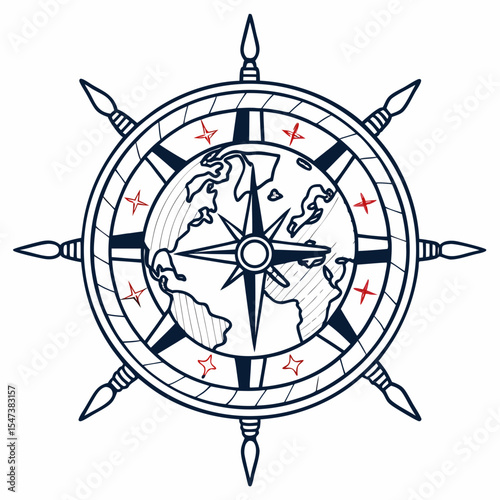 Nautical compass rose world map design travel adventure