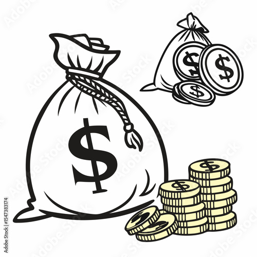 Money bag and coins illustration with transparent background