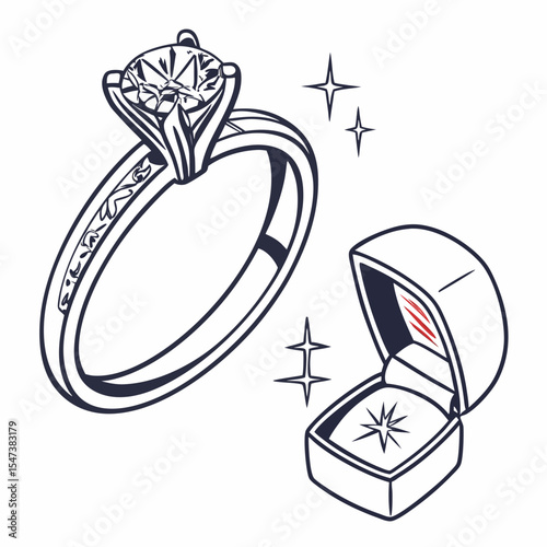 Diamond engagement ring in gift box illustration
