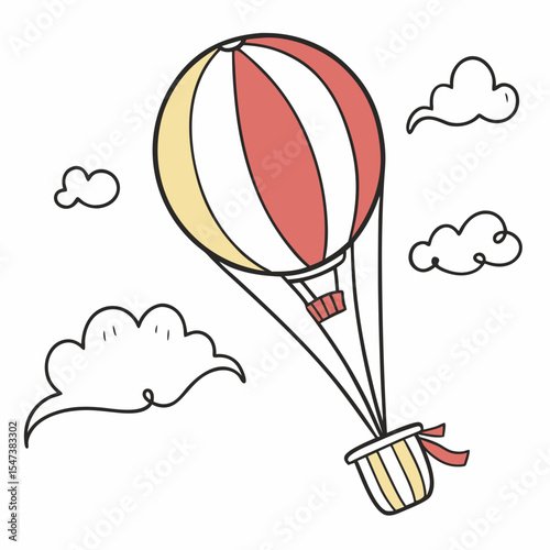 Cute cartoon hot air balloon flying high clouds