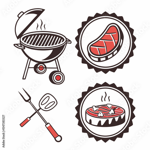 Delicious grilled steak bbq grill icons set