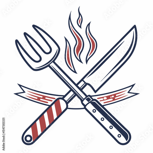 Crossed barbecue fork and knife with flames