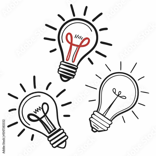 Three hand drawn light bulbs ideas isolated on white background