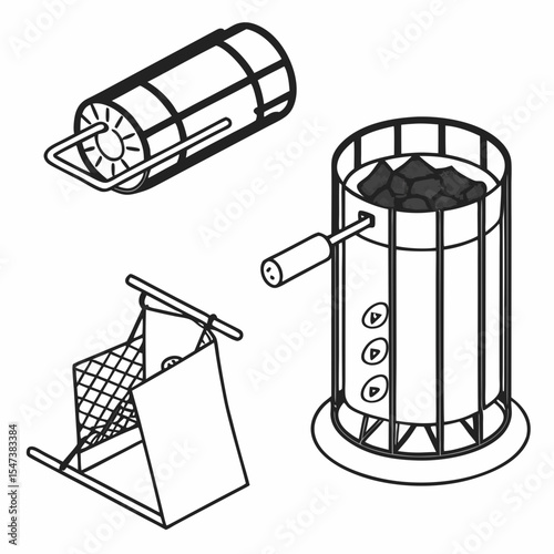 Charcoal grill equipment set isometric illustration