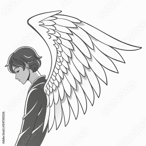 Anime boy with large angel wings profile view monochrome illustration