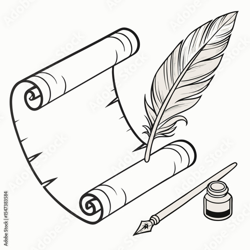 Quill pen scroll inkwell writing stationery vintage design
