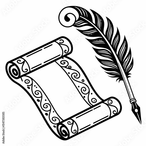 Ornate scroll and quill pen vintage writing illustration