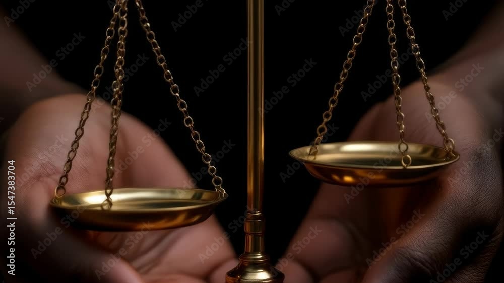 Golden scales of justice held in dark hands, symbolizing fairness and impartiality