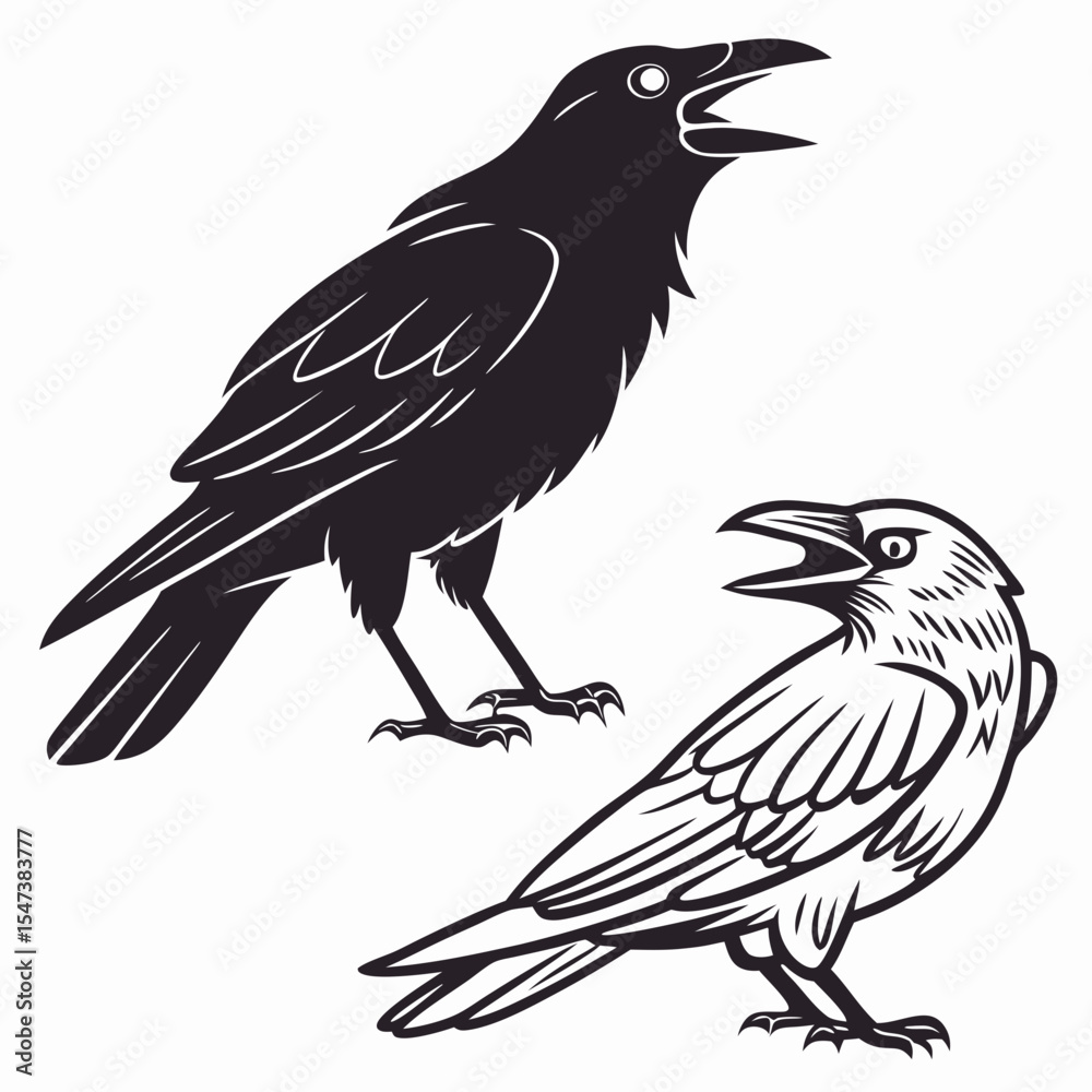 Fototapeta premium Two ravens black and white illustration graphic design