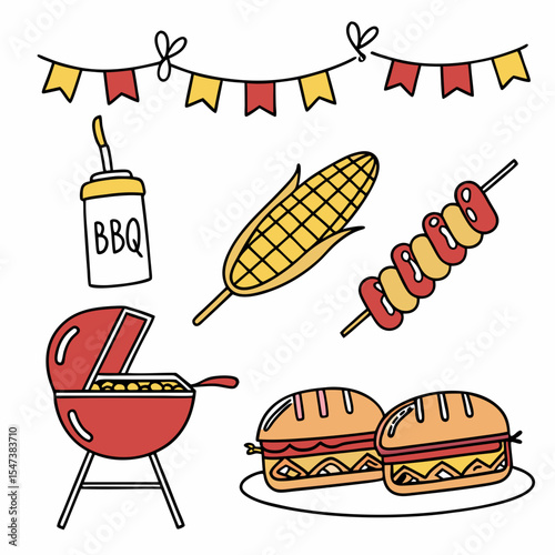 Delicious bbq party food icons set isolated