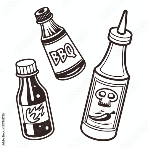 Three sauce bottles bbq hot spicy cartoon illustration