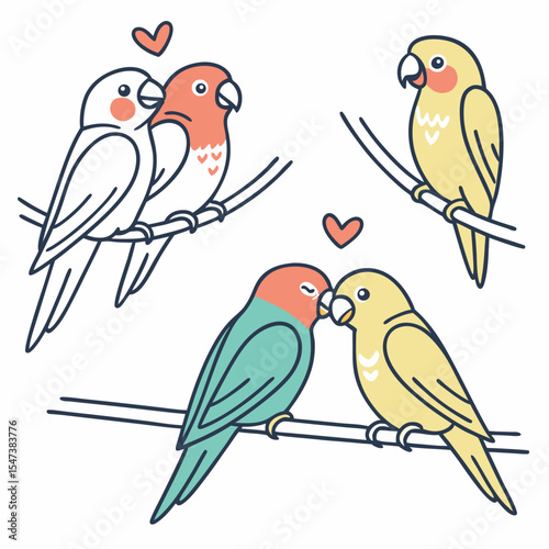 Adorable cartoon lovebirds perched on branches romantic illustration