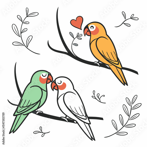 Adorable lovebirds perched on branches with heart