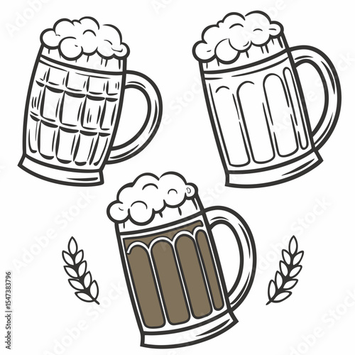 Three beer steins with frothy head and wheat