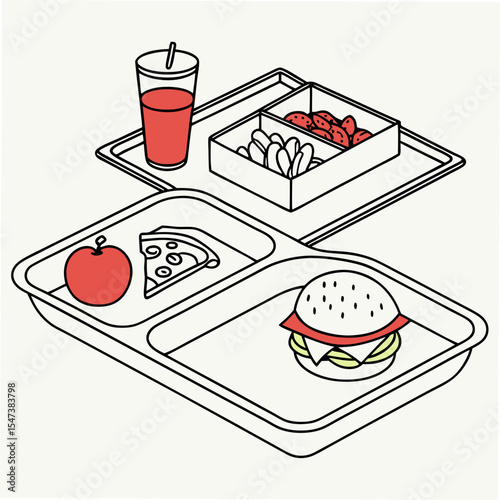 School lunch tray with burger, pizza, and apple