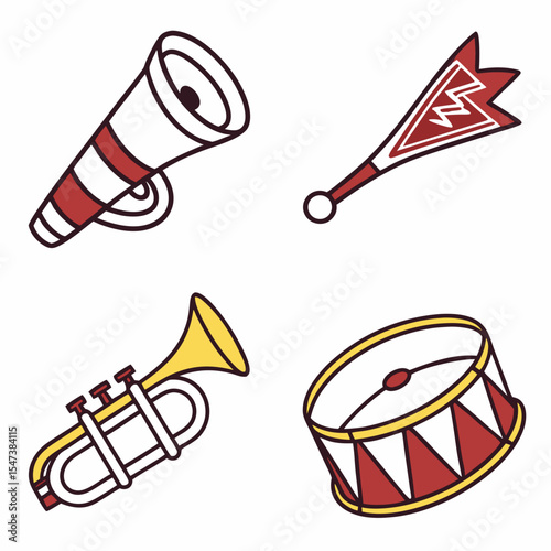 Colorful cartoon musical instruments and cheerleading items