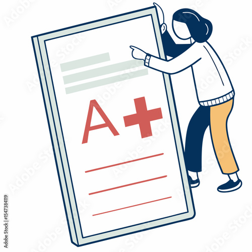 Woman proudly displays a large a+ grade report card