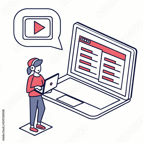 Woman using laptop watching online video tutorial