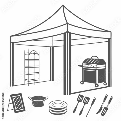 Outdoor kitchen party setup gazebo grill utensils