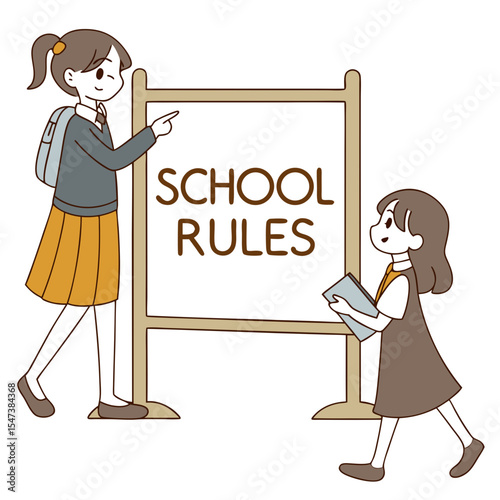 Schoolgirls reading school rules on a sign