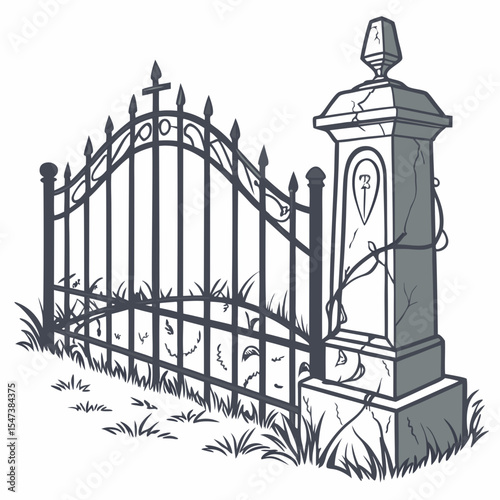Old cemetery gate with weathered stone pillar
