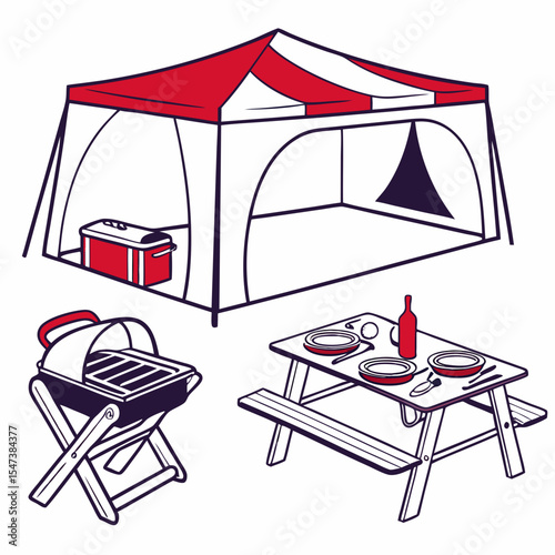 Camping picnic setup tent grill cooler table