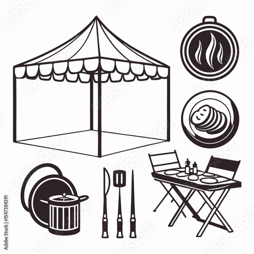 Outdoor picnic party setup tent table chairs food