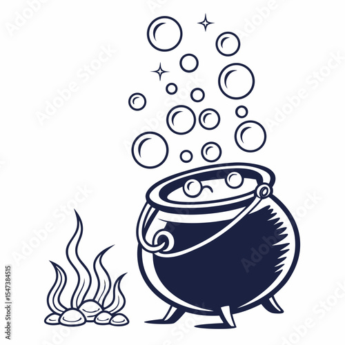 Witchs cauldron bubbles fire magic potion brewing