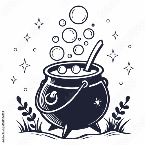 Witchs cauldron brewing magical potion bubbles stars