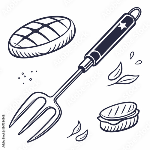 Grilled steak barbecue fork hand drawn illustration