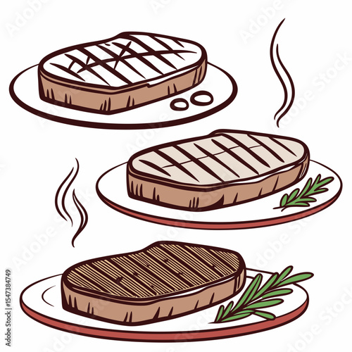 Delicious grilled steaks on plates rosemary garnish