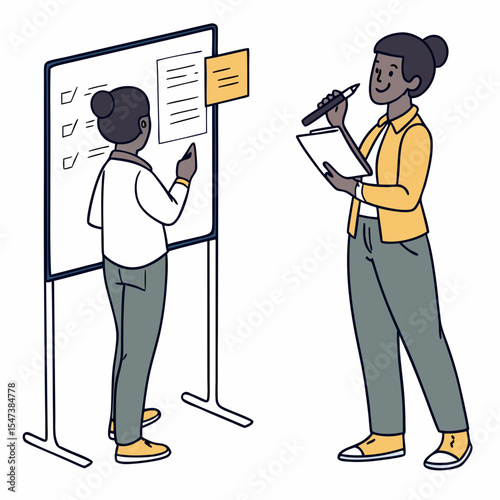 Two diverse colleagues brainstorming project plan on whiteboard