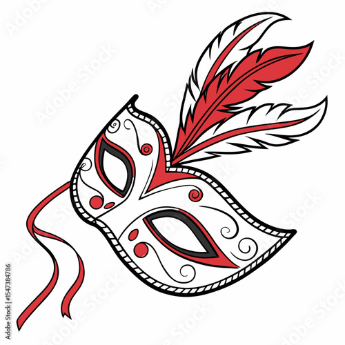 Elegant red and white venetian mask with feathers
